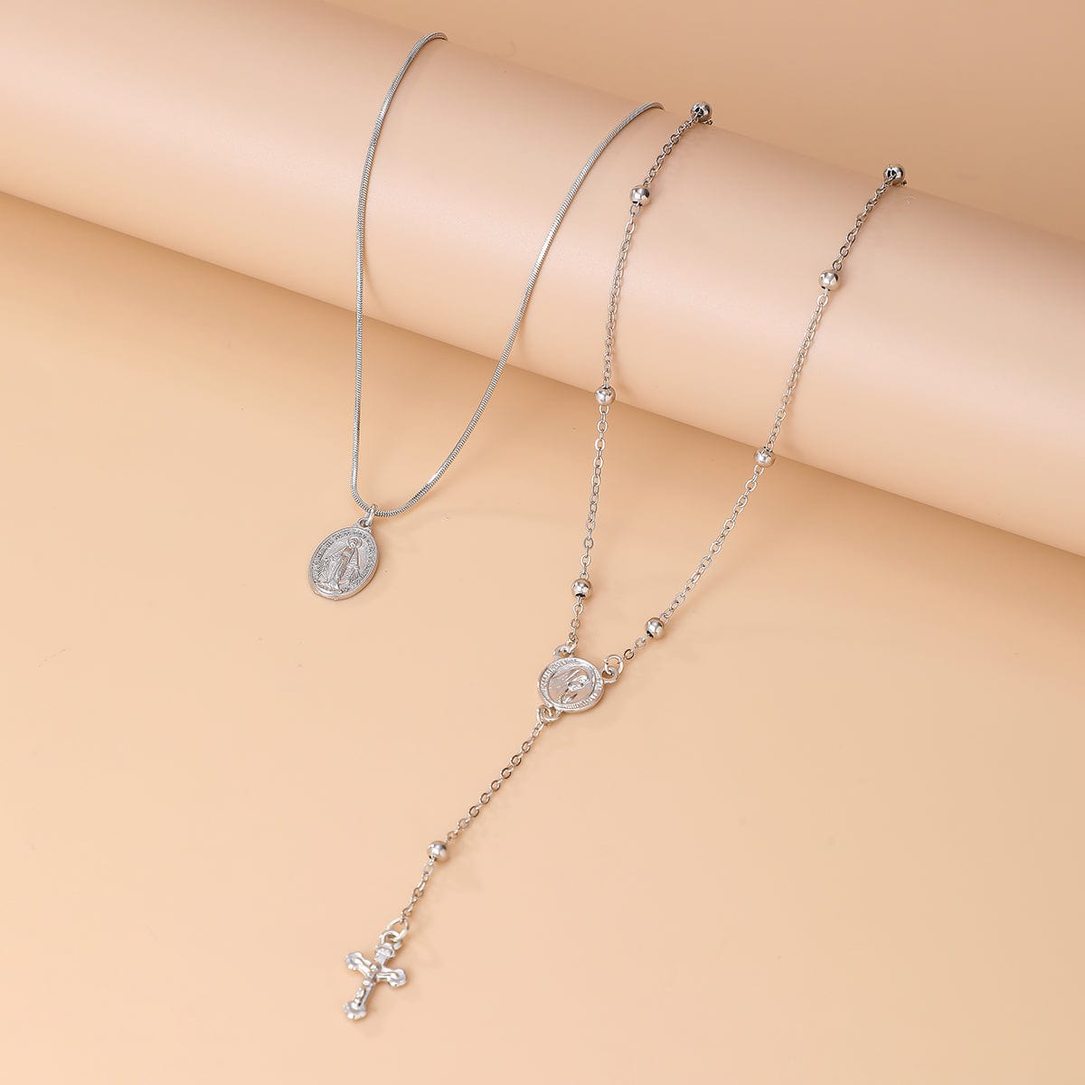 Chic 2pcs Pattern Round Disk Cross Pendant Saturn Chain Y Necklace Set - ArtGalleryZen