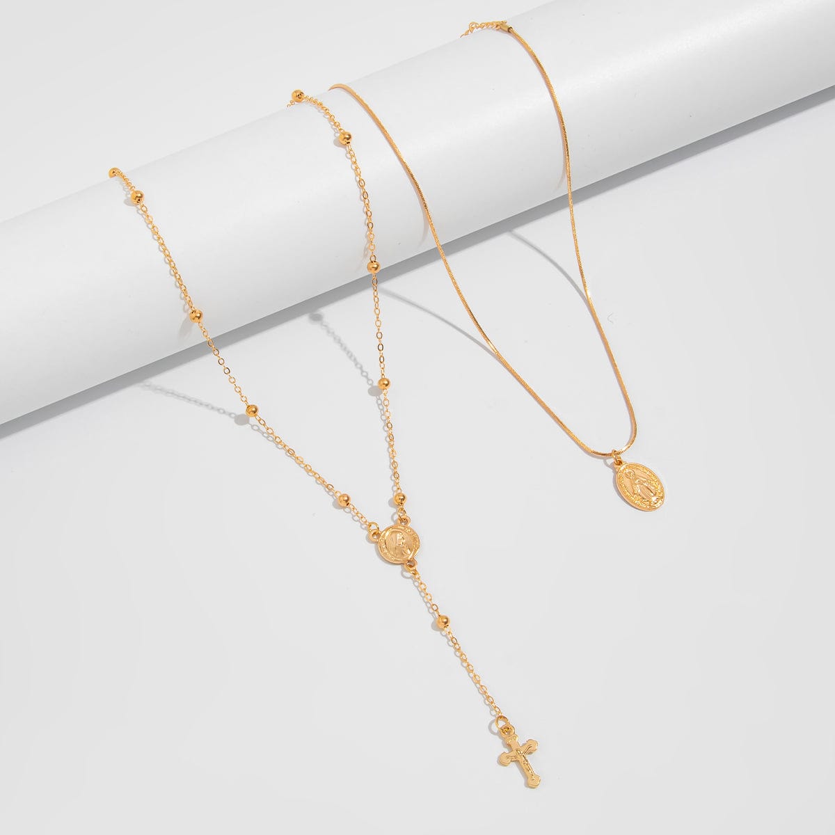 Chic 2pcs Pattern Round Disk Cross Pendant Saturn Chain Y Necklace Set - ArtGalleryZen