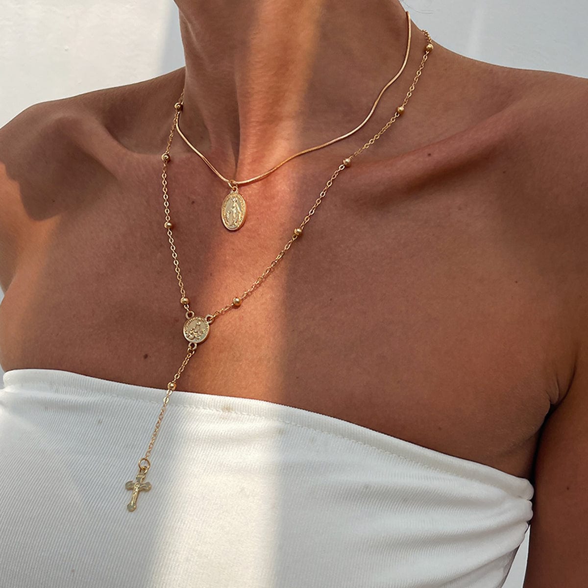 Chic 2pcs Pattern Round Disk Cross Pendant Saturn Chain Y Necklace Set - ArtGalleryZen