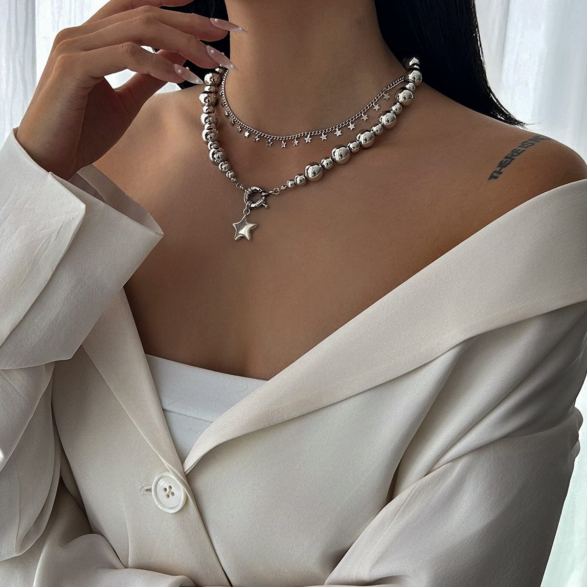 Chic 2pcs Silver Tone Star Tassel Ball Chain Necklace Set - ArtGalleryZen