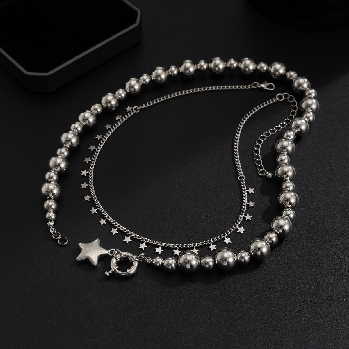 Chic 2pcs Silver Tone Star Tassel Ball Chain Necklace Set - ArtGalleryZen