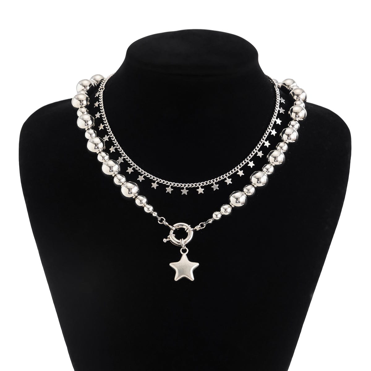 Chic 2pcs Silver Tone Star Tassel Ball Chain Necklace Set - ArtGalleryZen