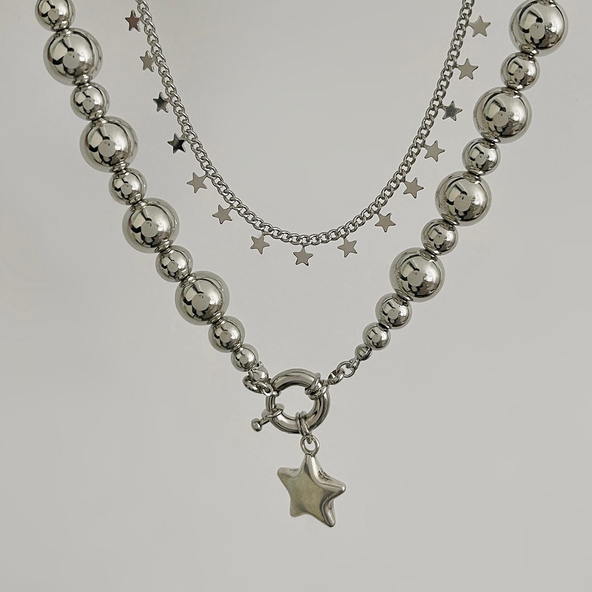 Chic 2pcs Silver Tone Star Tassel Ball Chain Necklace Set - ArtGalleryZen