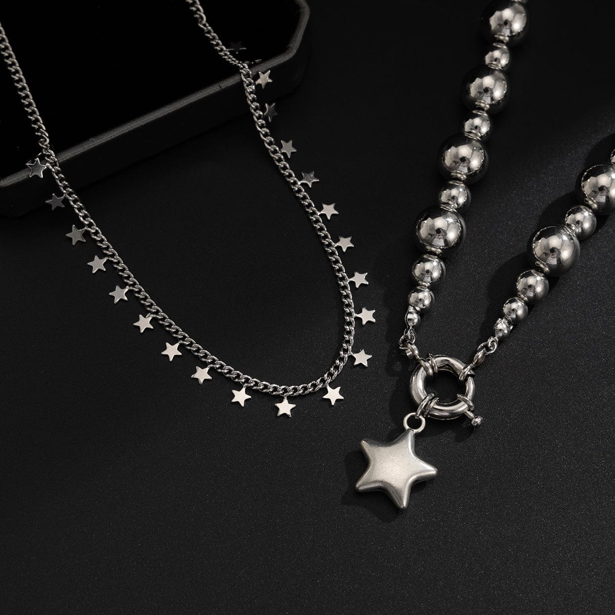 Chic 2pcs Silver Tone Star Tassel Ball Chain Necklace Set - ArtGalleryZen