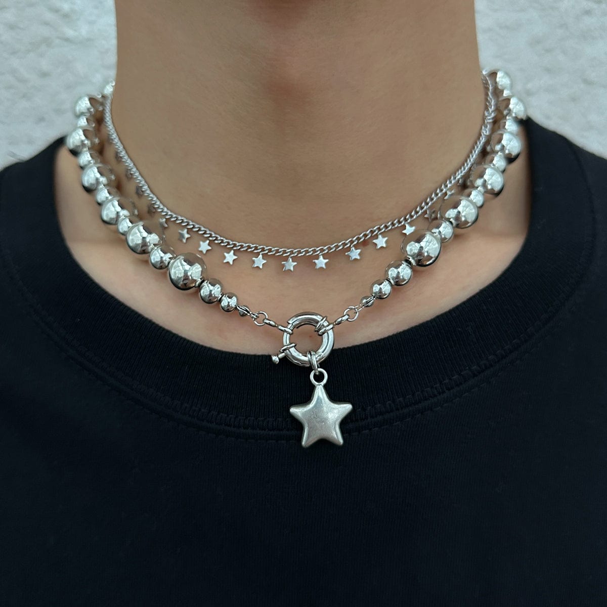 Chic 2pcs Silver Tone Star Tassel Ball Chain Necklace Set - ArtGalleryZen