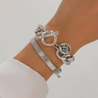 Thumbnail for Chic 2pcs Silver Tone Toggle Clasp Relief Round Disk Charm Bracelet Set - ArtGalleryZen