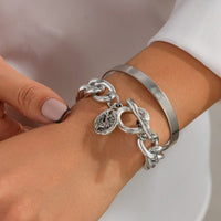 Thumbnail for Chic 2pcs Silver Tone Toggle Clasp Relief Round Disk Charm Bracelet Set