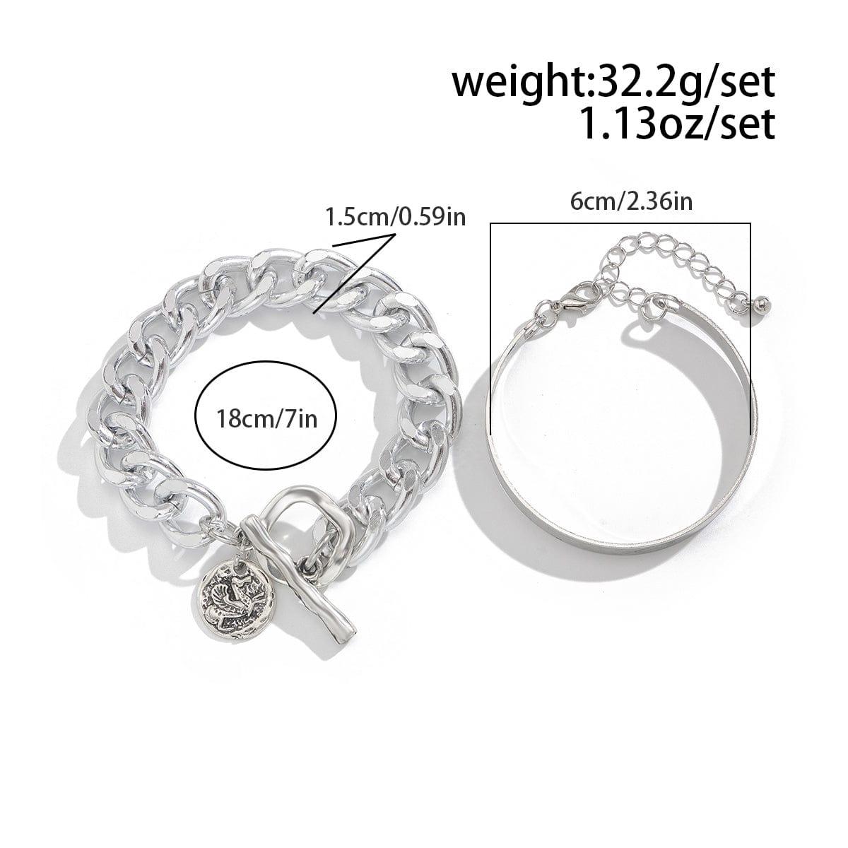 Chic 2pcs Silver Tone Toggle Clasp Relief Round Disk Charm Bracelet Set