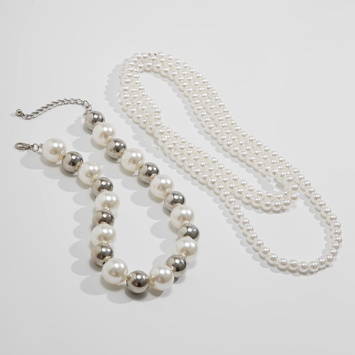Chic 2Pcs Two Tone Pearl Long Chain Necklace Set - ArtGalleryZen