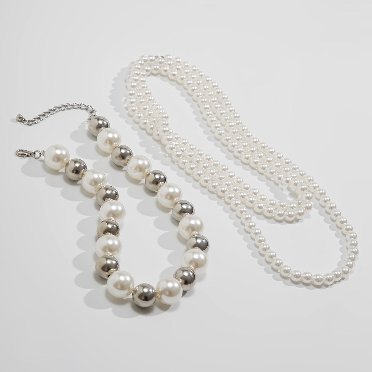 Chic 2Pcs Two Tone Pearl Long Chain Necklace Set