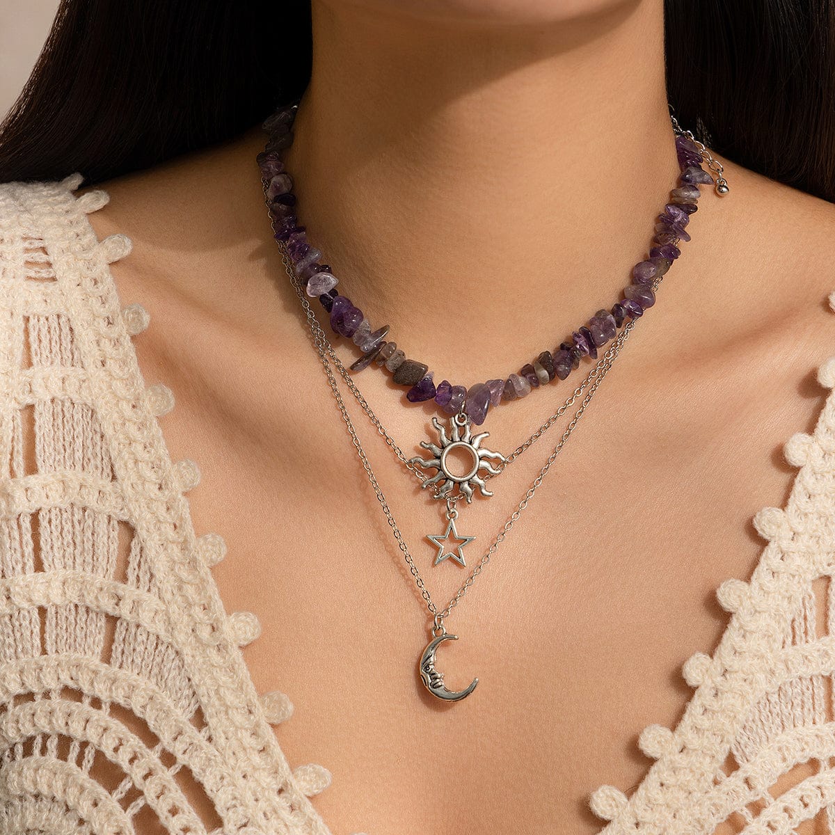 Chic 3 Pieces Sun Moon Star Tree Pendant Turquoise Stone Necklace Set - ArtGalleryZen