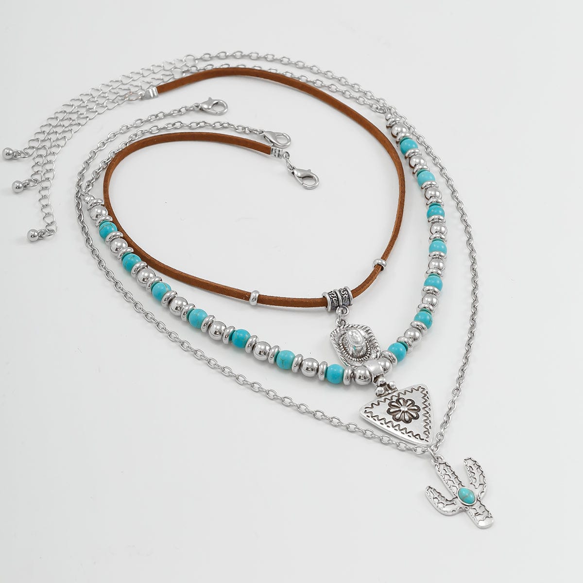 Chic 3Pcs Cactus Cowboy Hat Floral Pendant Turquoise Necklace Set - ArtGalleryZen