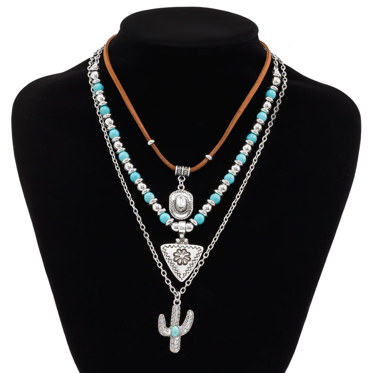 Chic 3Pcs Cactus Cowboy Hat Floral Pendant Turquoise Necklace Set - ArtGalleryZen
