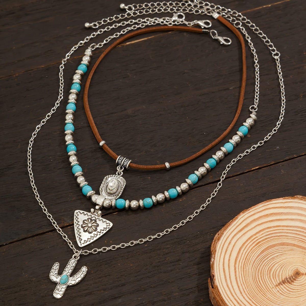 Chic 3Pcs Cactus Cowboy Hat Floral Pendant Turquoise Necklace Set - ArtGalleryZen