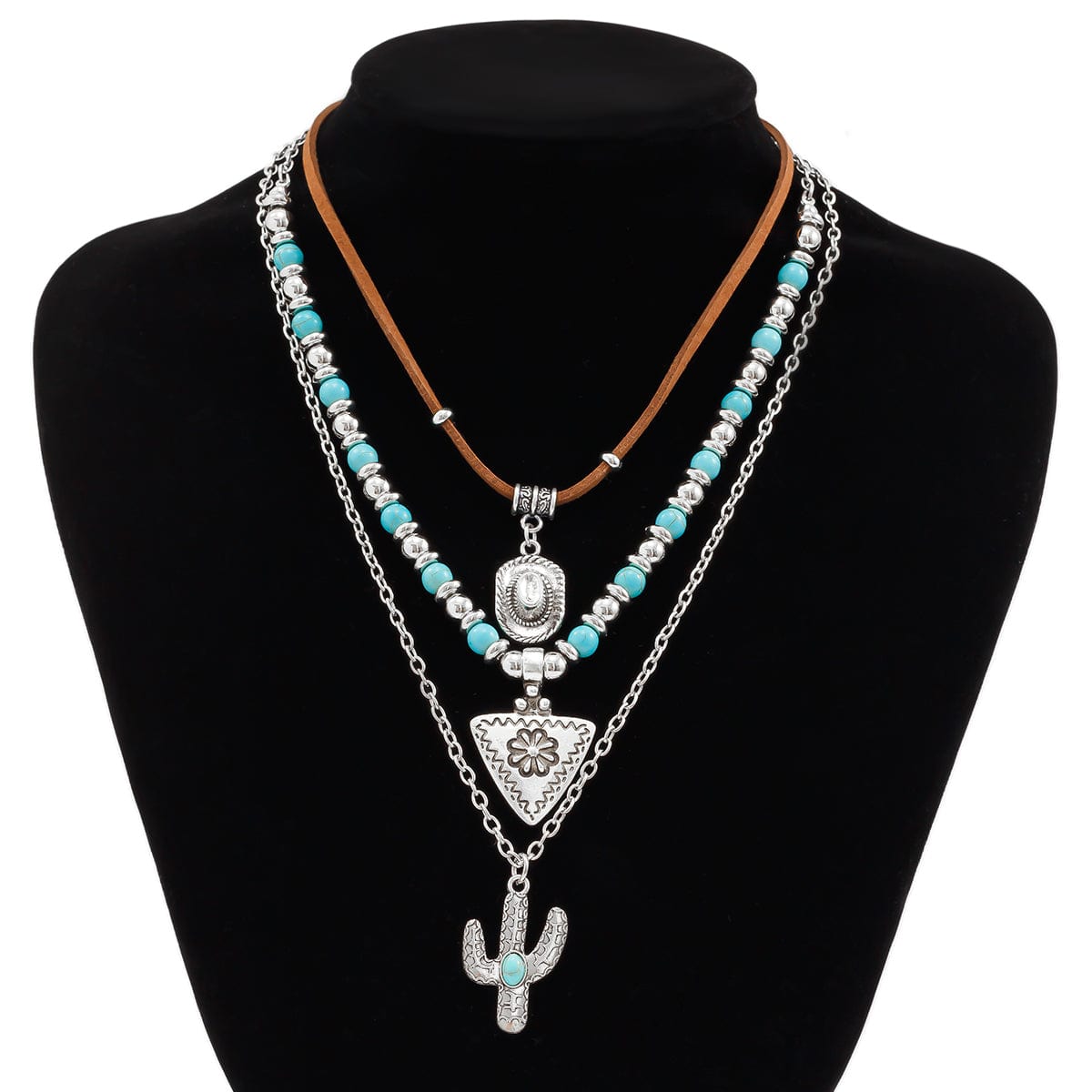 Chic 3Pcs Cactus Cowboy Hat Floral Pendant Turquoise Necklace Set