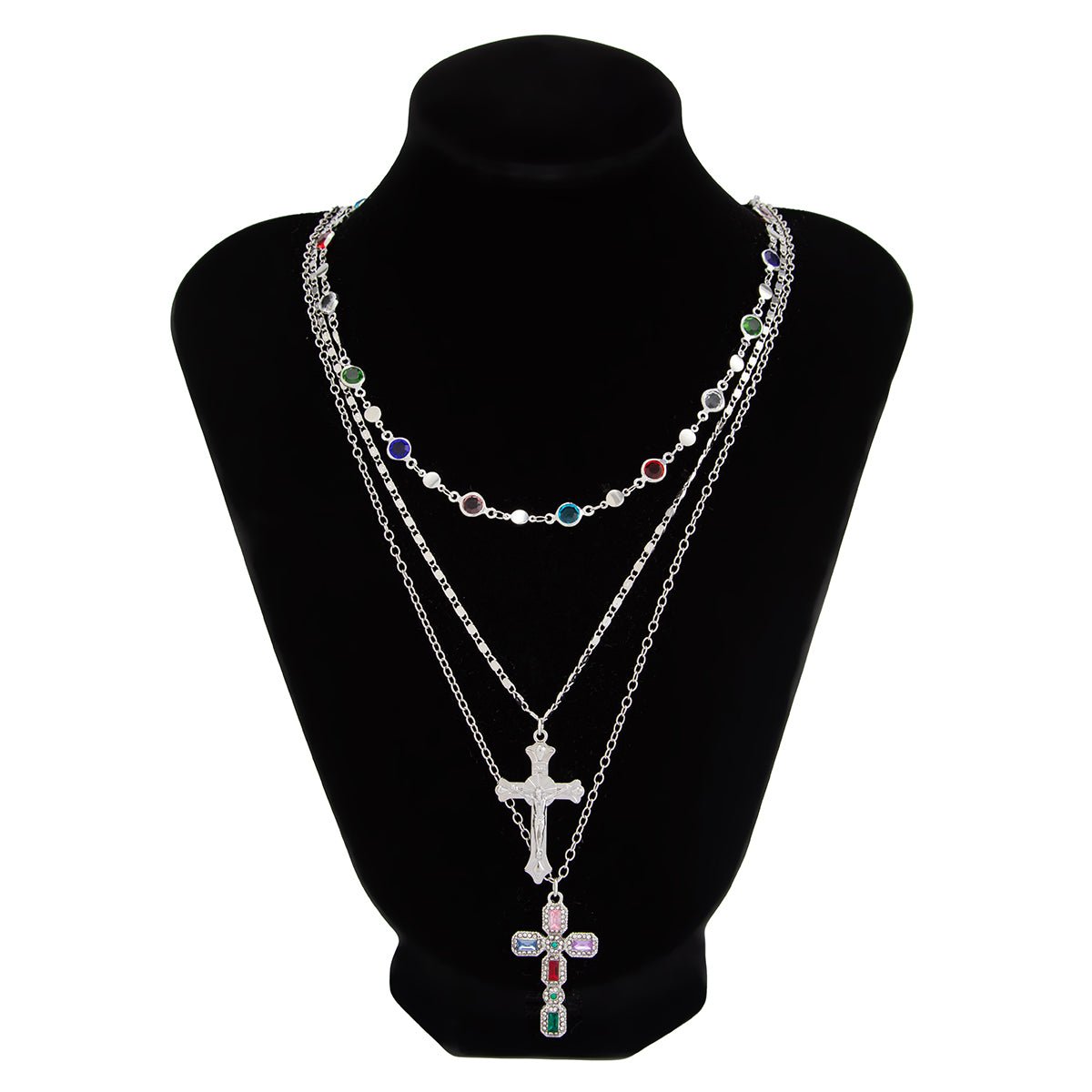 Chic 3pcs Colorful Rhinestone Inlay Cross Pendant Crystal Chain Necklace Set - ArtGalleryZen