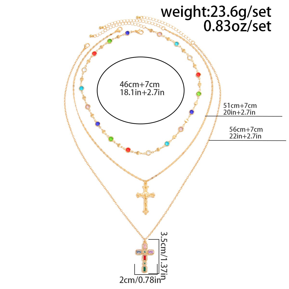 Chic 3pcs Colorful Rhinestone Inlay Cross Pendant Crystal Chain Necklace Set - ArtGalleryZen