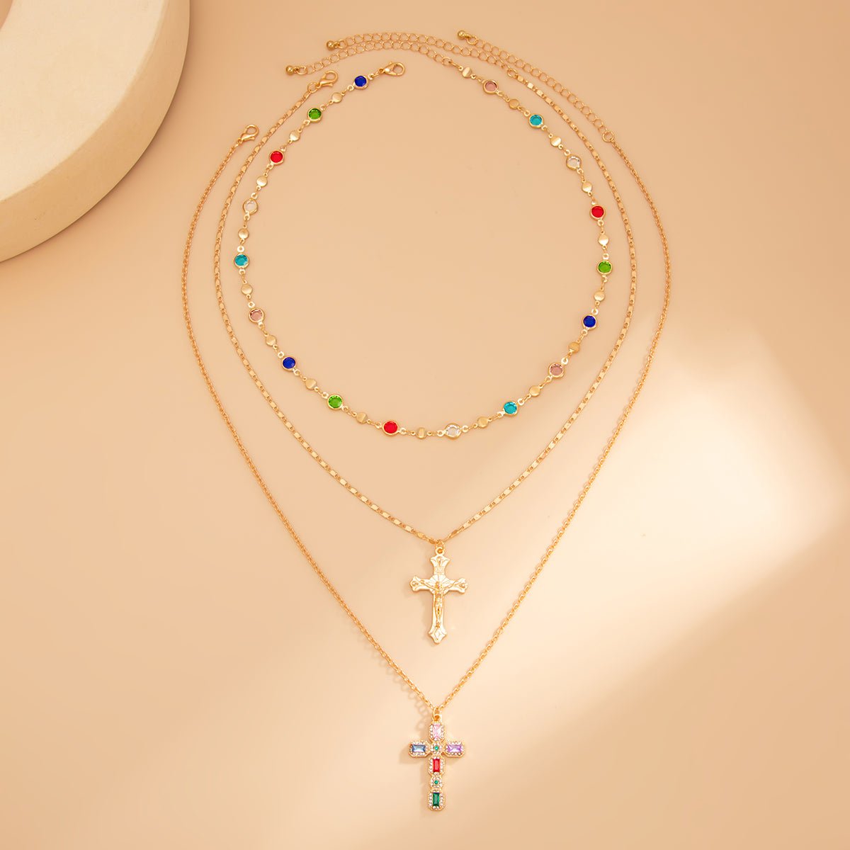 Chic 3pcs Colorful Rhinestone Inlay Cross Pendant Crystal Chain Necklace Set - ArtGalleryZen