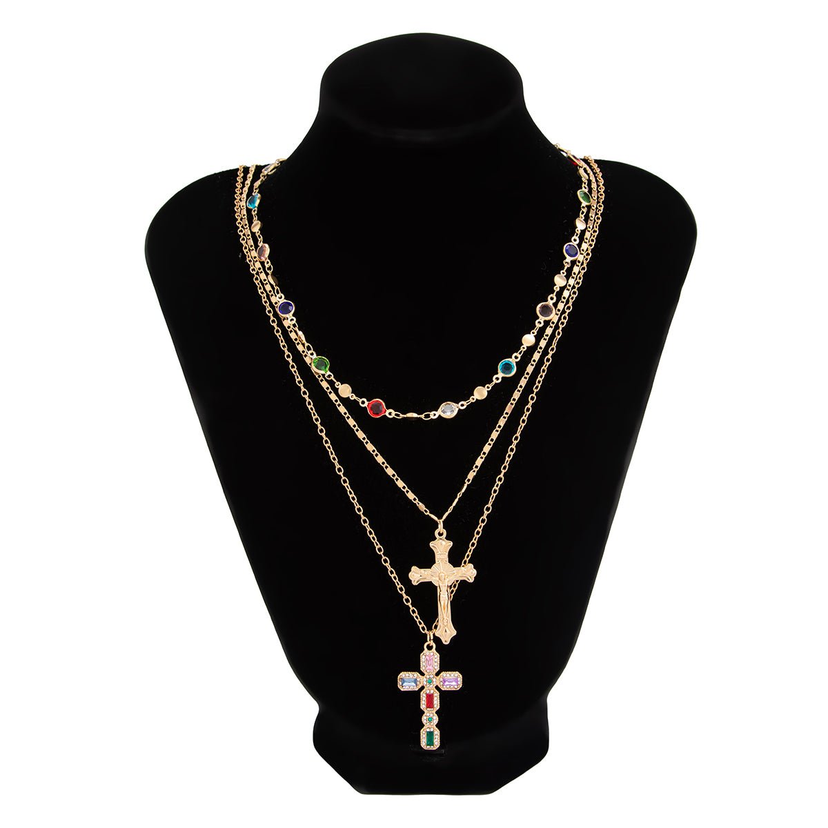 Chic 3pcs Colorful Rhinestone Inlay Cross Pendant Crystal Chain Necklace Set - ArtGalleryZen