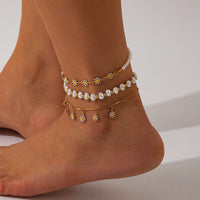 Thumbnail for Chic 3Pcs Enamel Daisy Flower Charm Pearl Chain Anklet Set