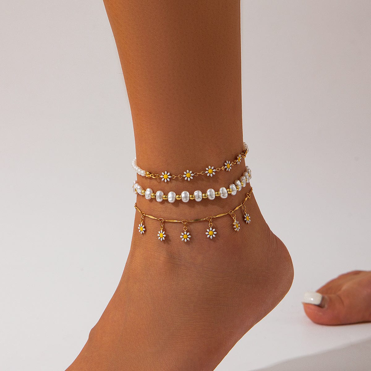 Chic 3Pcs Enamel Daisy Flower Charm Pearl Chain Anklet Set