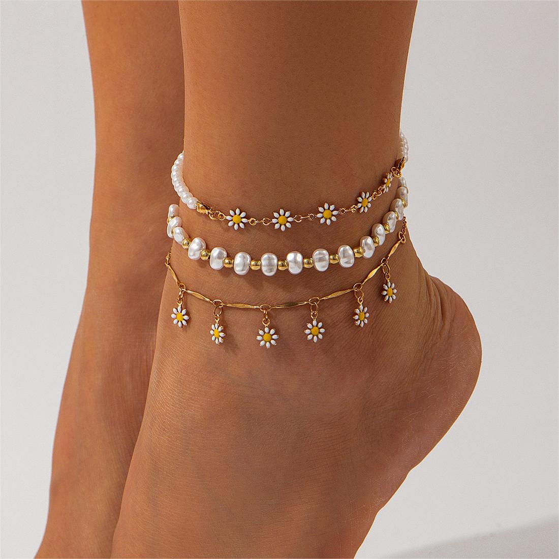 Chic 3Pcs Enamel Daisy Flower Charm Pearl Chain Anklet Set