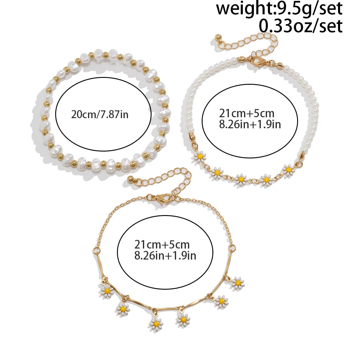 Chic 3Pcs Enamel Daisy Flower Charm Pearl Chain Anklet Set