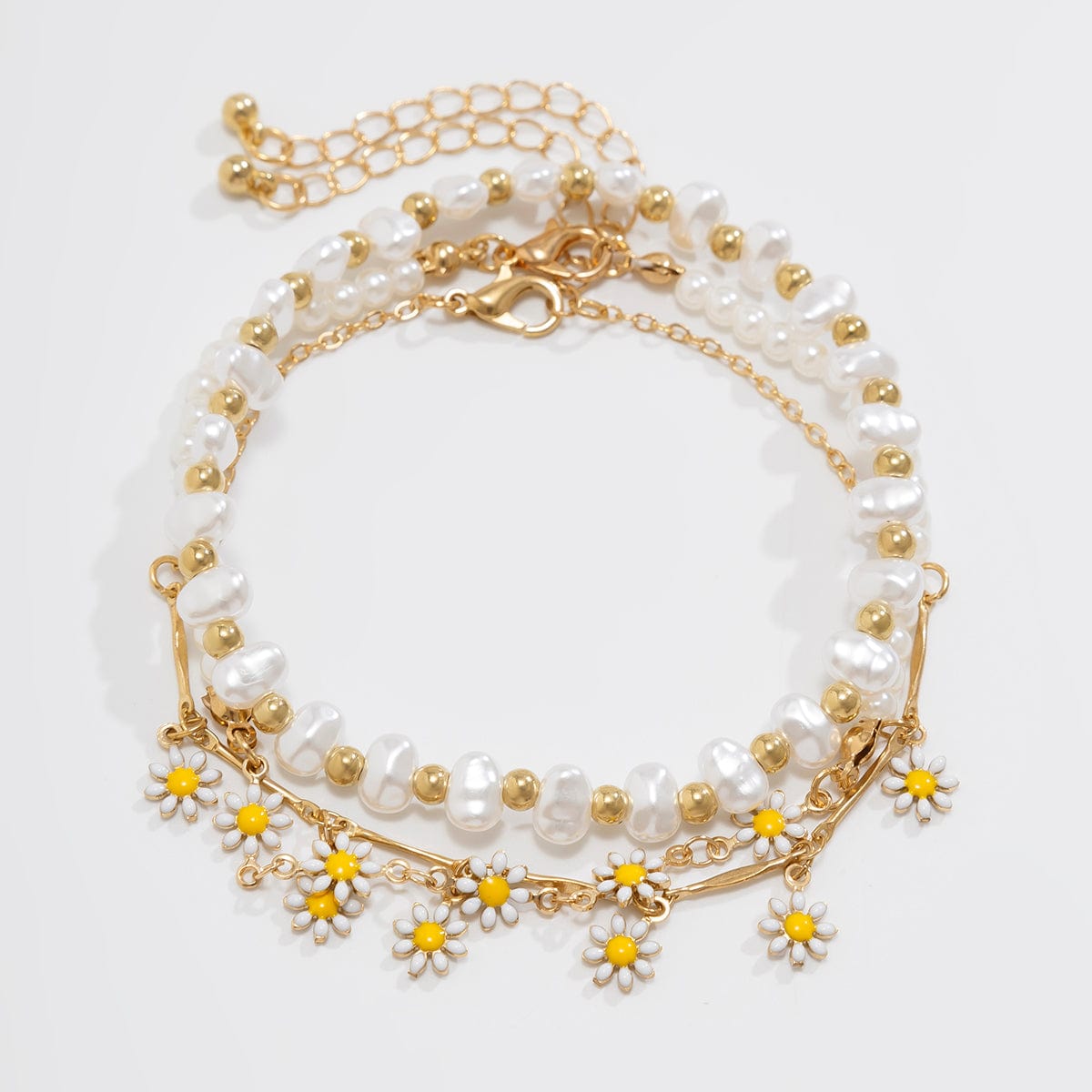 Chic 3Pcs Enamel Daisy Flower Charm Pearl Chain Anklet Set