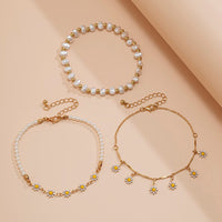 Thumbnail for Chic 3Pcs Enamel Daisy Flower Charm Pearl Chain Anklet Set