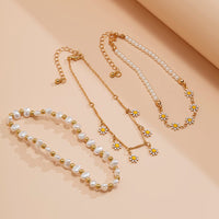 Thumbnail for Chic 3Pcs Enamel Daisy Flower Charm Pearl Chain Anklet Set