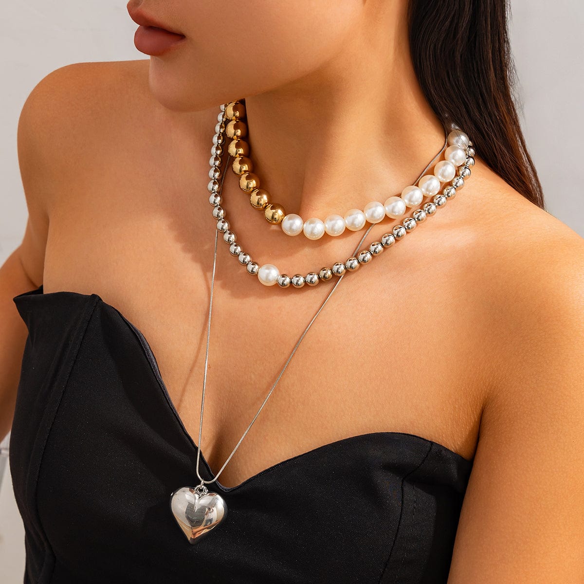 Chic 3pcs Gold Silver Plated Heart Pendant Pearl Chain Necklace Set - ArtGalleryZen