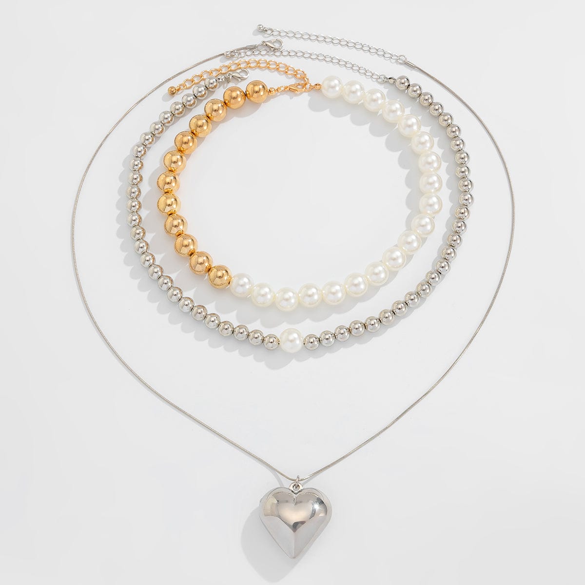 Chic 3pcs Gold Silver Plated Heart Pendant Pearl Chain Necklace Set - ArtGalleryZen