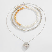 Thumbnail for Chic 3pcs Gold Silver Plated Heart Pendant Pearl Chain Necklace Set - ArtGalleryZen