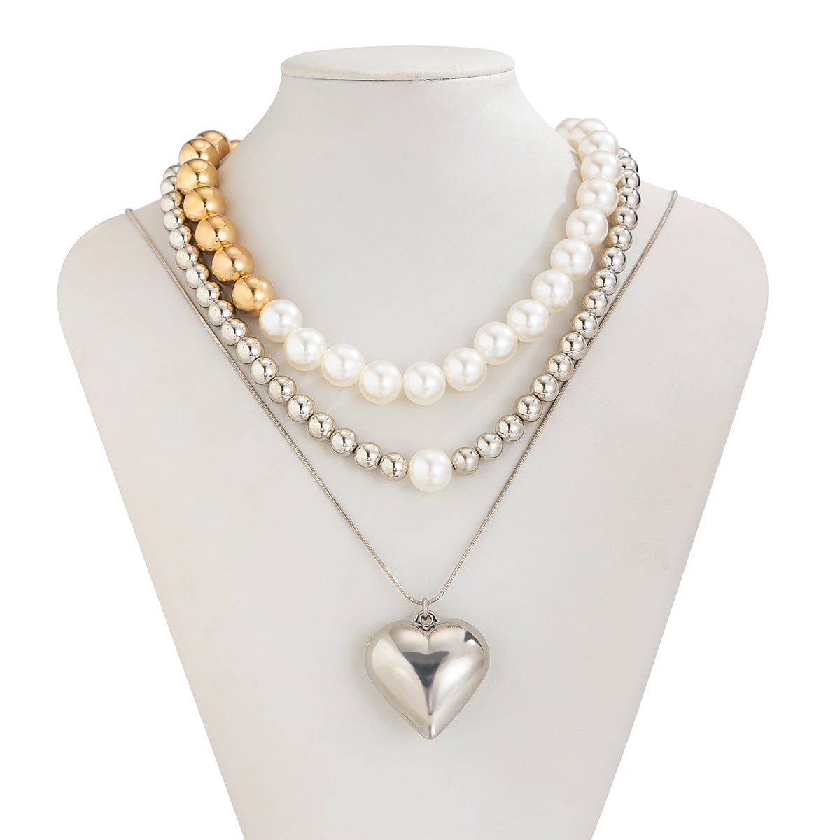 Chic 3pcs Gold Silver Plated Heart Pendant Pearl Chain Necklace Set - ArtGalleryZen