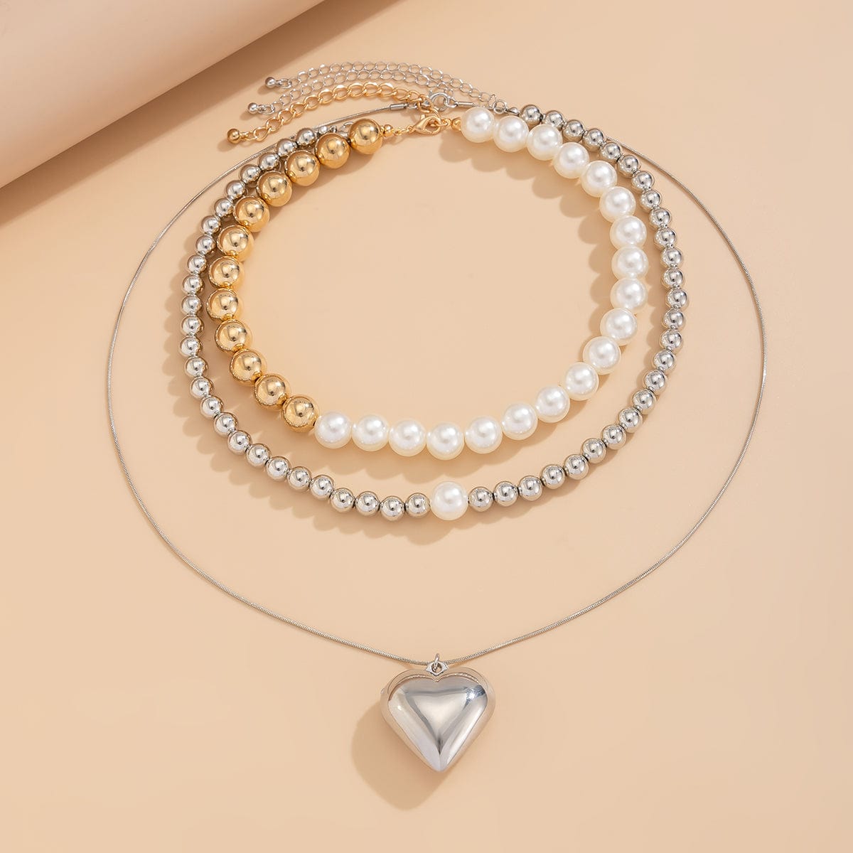 Chic 3pcs Gold Silver Plated Heart Pendant Pearl Chain Necklace Set - ArtGalleryZen