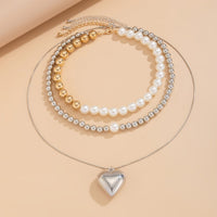 Thumbnail for Chic 3pcs Gold Silver Plated Heart Pendant Pearl Chain Necklace Set - ArtGalleryZen