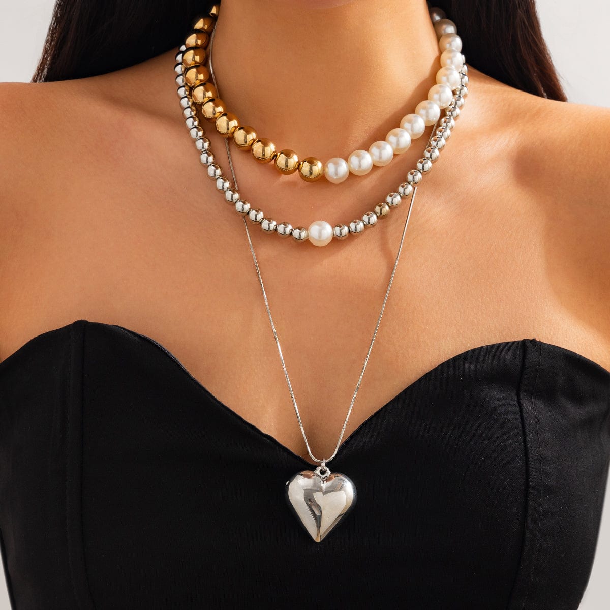 Chic 3pcs Gold Silver Plated Heart Pendant Pearl Chain Necklace Set - ArtGalleryZen