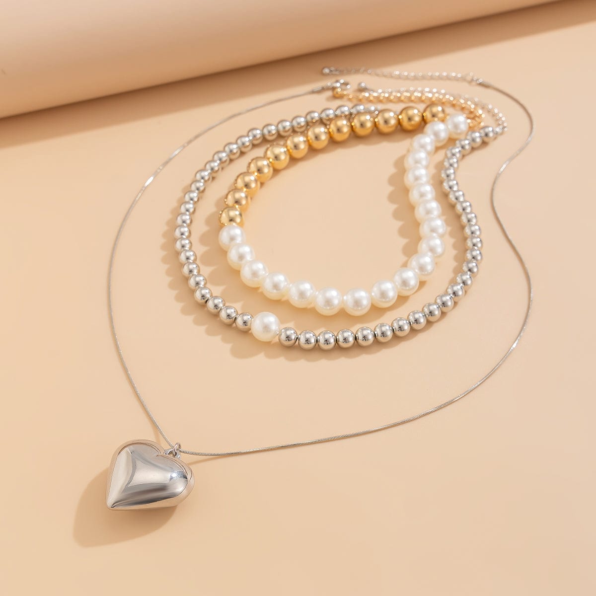 Chic 3pcs Gold Silver Plated Heart Pendant Pearl Chain Necklace Set