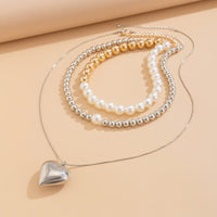 Thumbnail for Chic 3pcs Gold Silver Plated Heart Pendant Pearl Chain Necklace Set