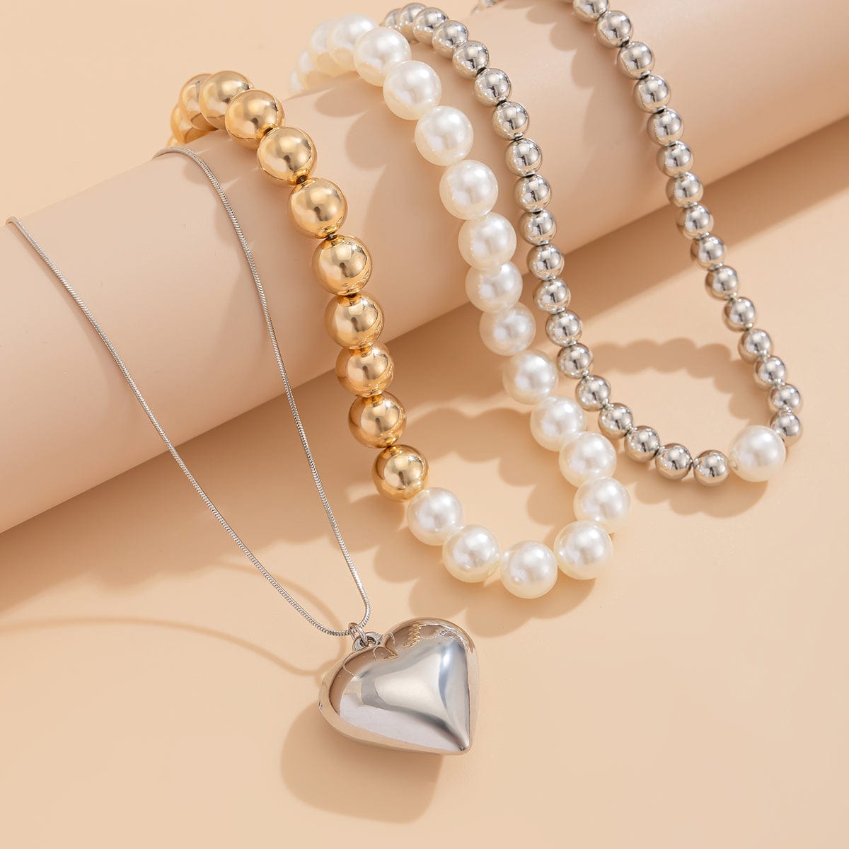 Chic 3pcs Gold Silver Plated Heart Pendant Pearl Chain Necklace Set