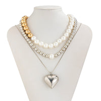 Thumbnail for Chic 3pcs Gold Silver Plated Heart Pendant Pearl Chain Necklace Set