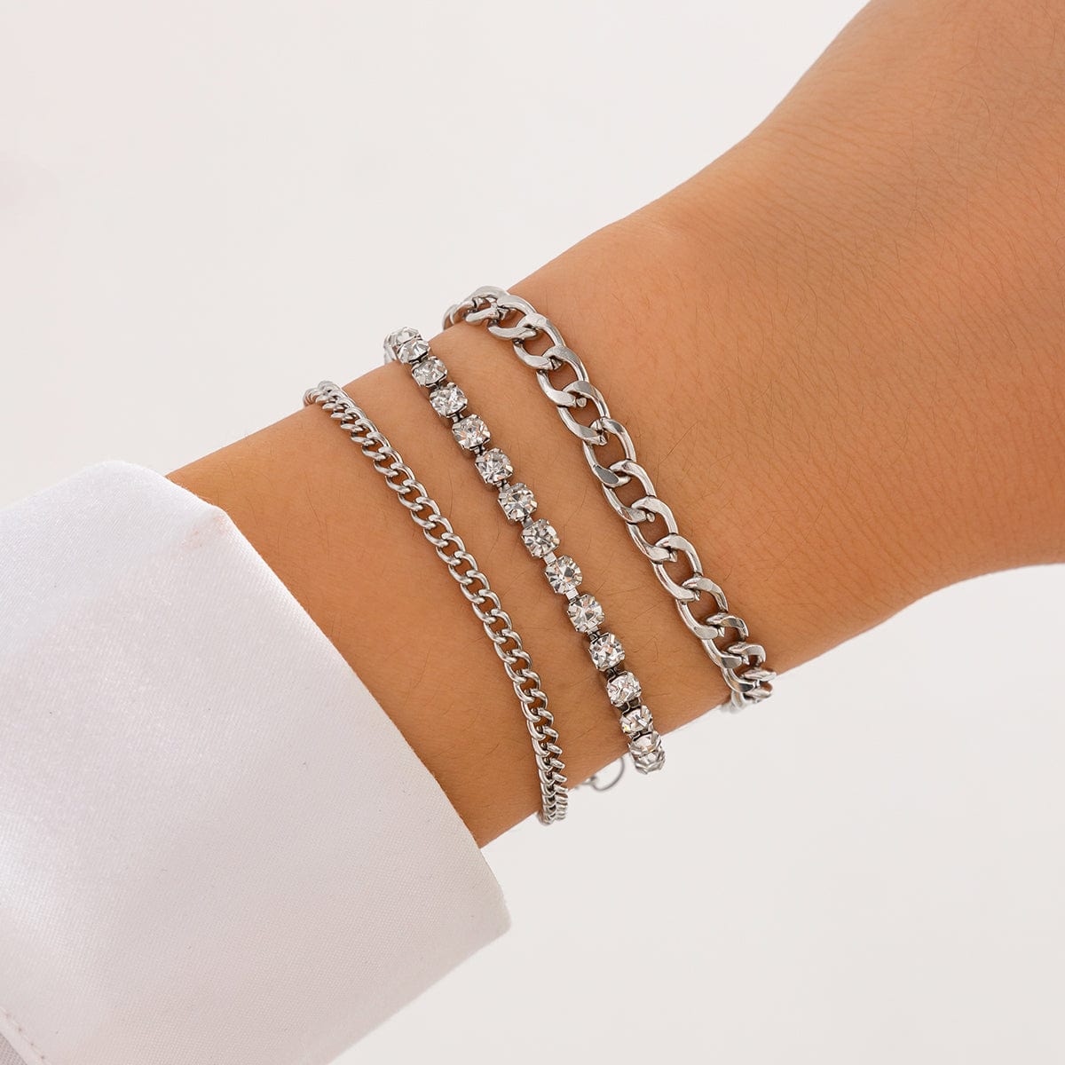 Chic 3pcs Gold Silver Plated Rhinestone Box Chain Bracelet Set