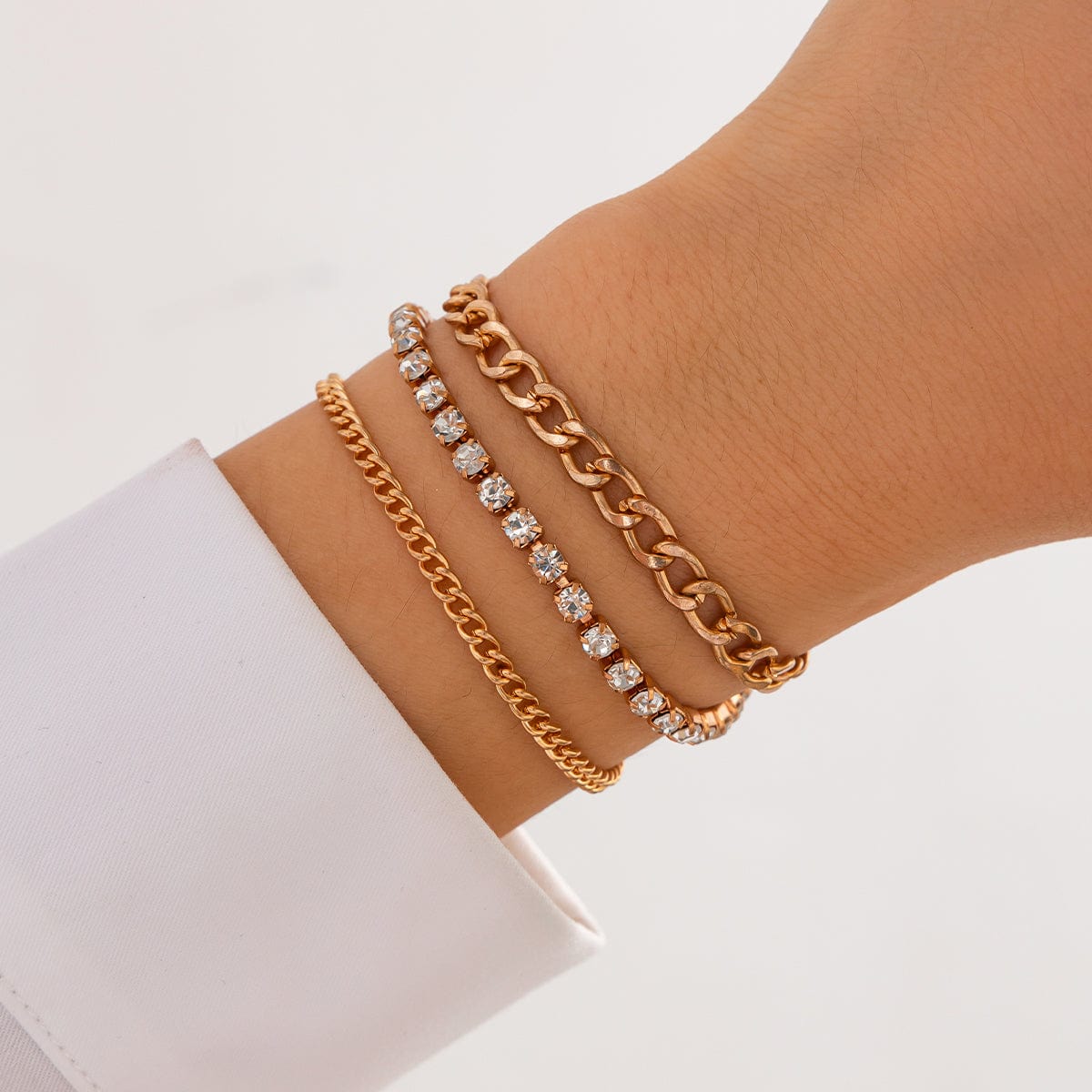 Chic 3pcs Gold Silver Plated Rhinestone Box Chain Bracelet Set