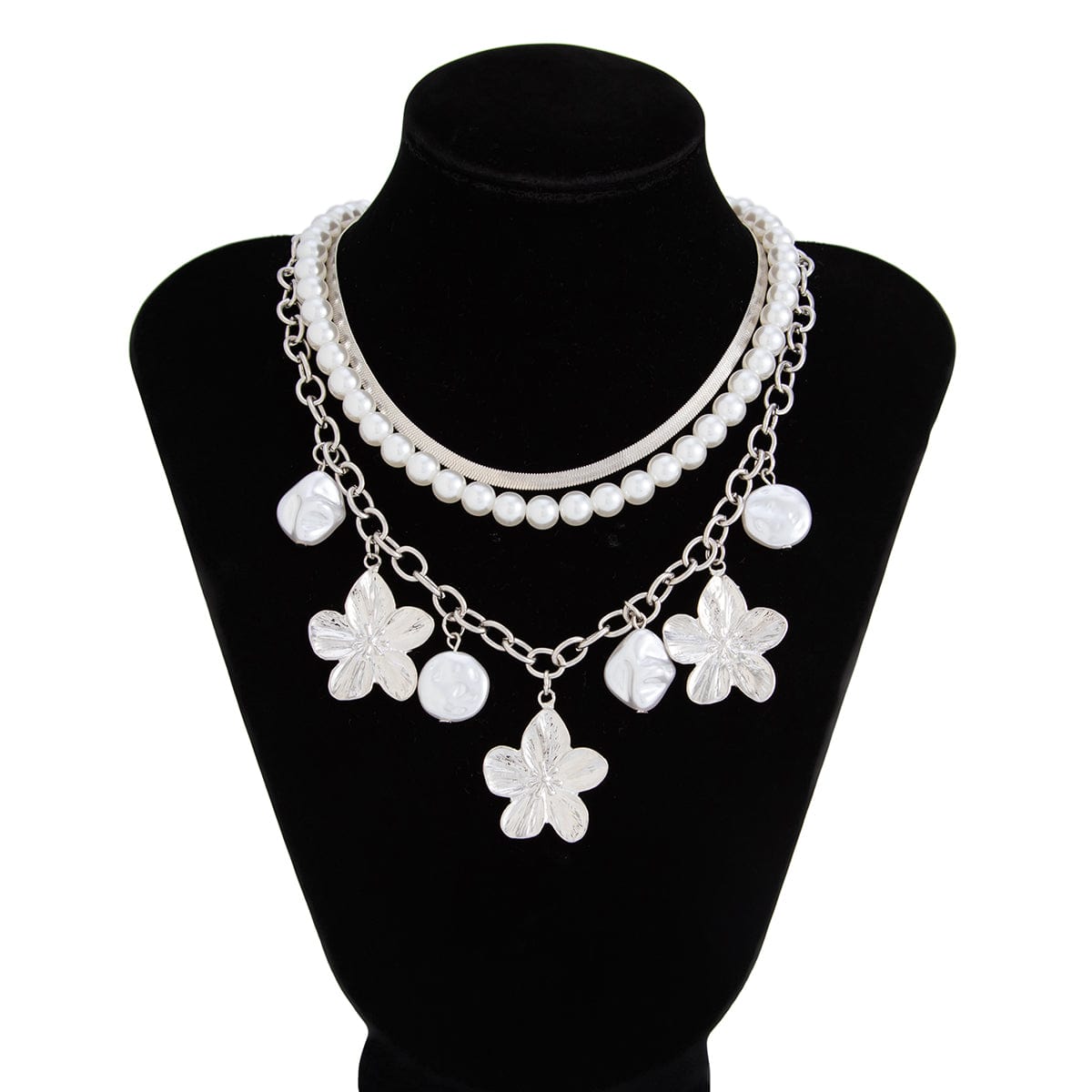 Chic 3pcs Irregular Pearl Flower Tassel Herringbone Chain Necklace Set - ArtGalleryZen