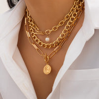 Thumbnail for Chic 3pcs Pattern Round Disk Pearl Pendant Chunky Curb Chain Necklace Set