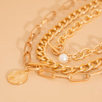 Thumbnail for Chic 3pcs Pattern Round Disk Pearl Pendant Chunky Curb Chain Necklace Set