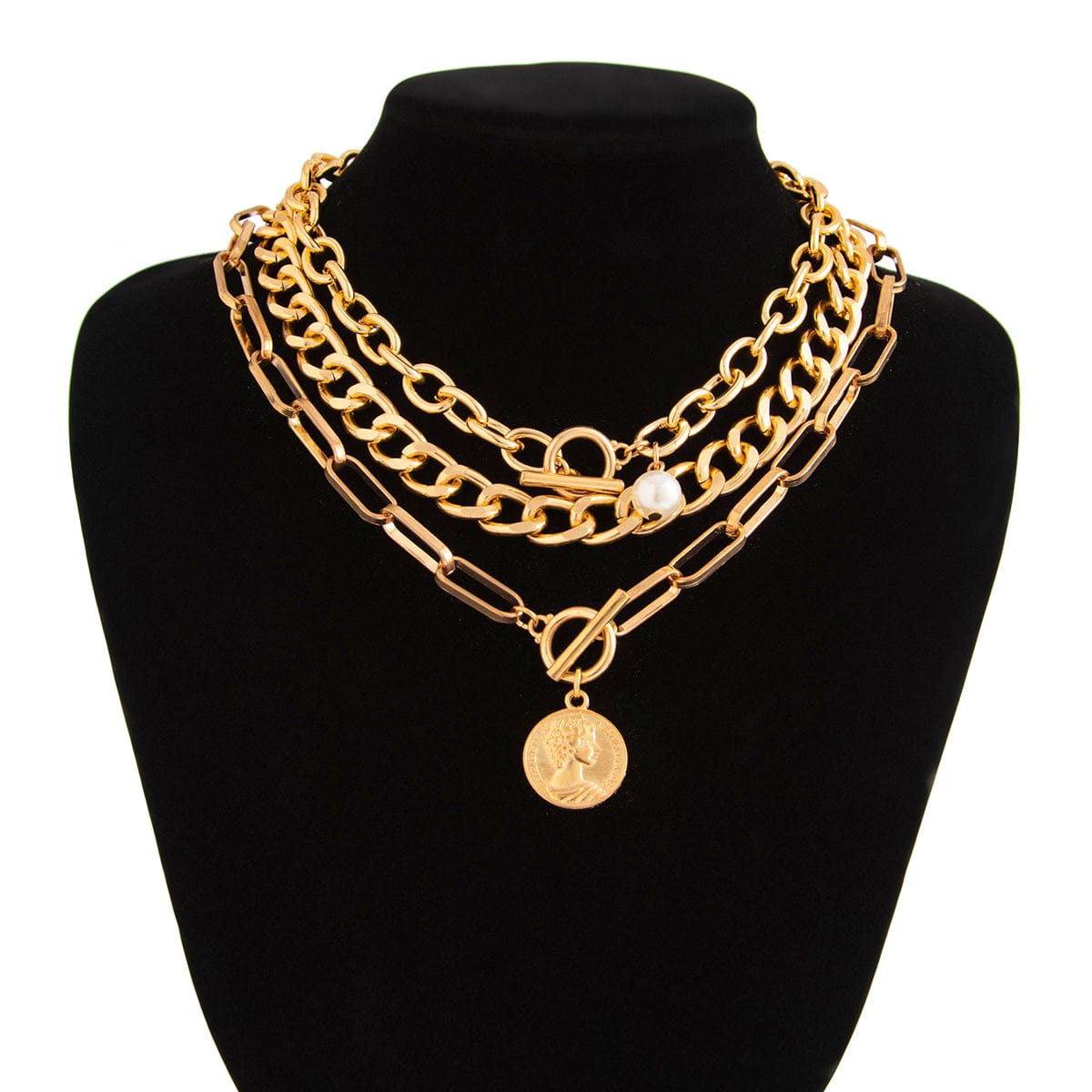 Chic 3pcs Pattern Round Disk Pearl Pendant Chunky Curb Chain Necklace Set