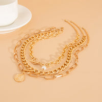 Thumbnail for Chic 3pcs Pattern Round Disk Pearl Pendant Chunky Curb Chain Necklace Set