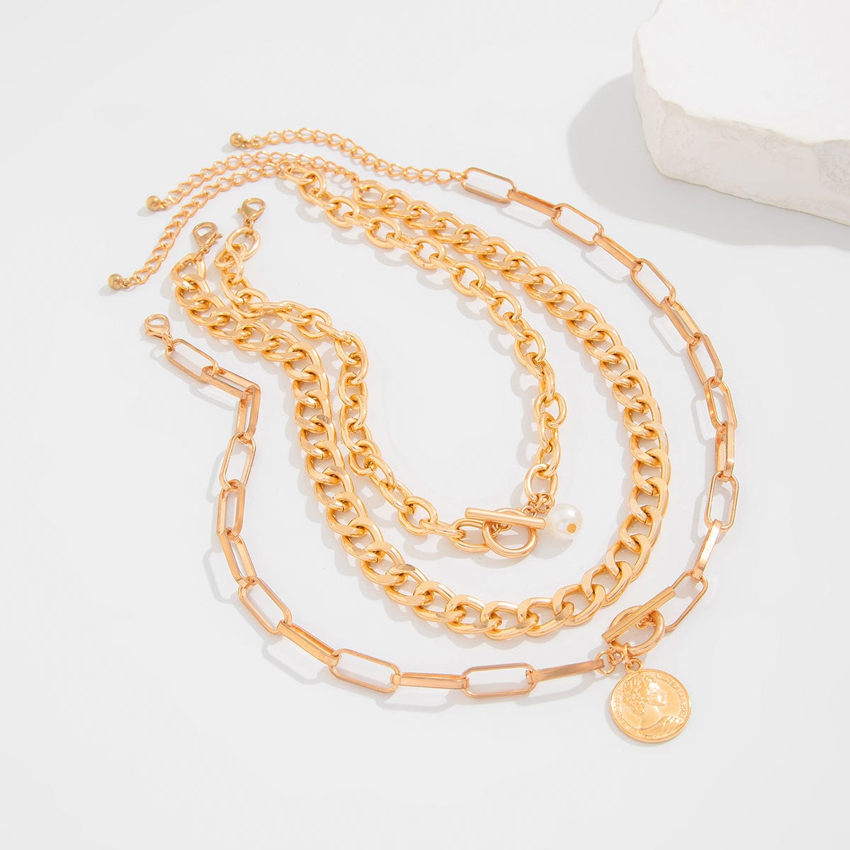 Chic 3pcs Pattern Round Disk Pearl Pendant Chunky Curb Chain Necklace Set