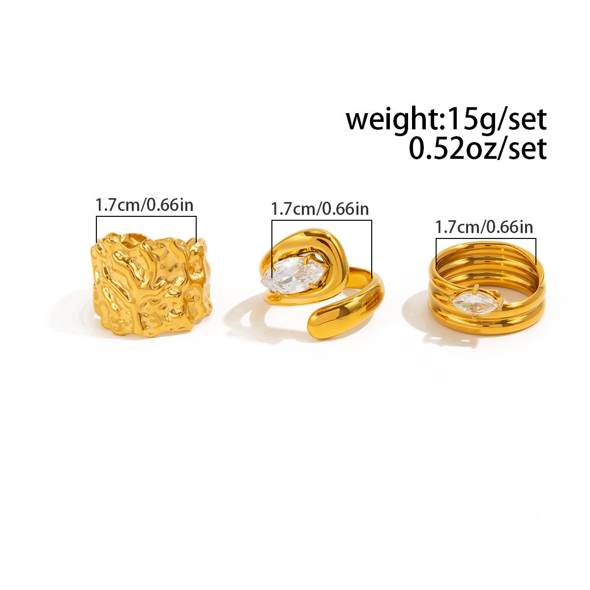 Chic 3pcs Rhinestone Inlaid Chunky Pleated Ring Set - ArtGalleryZen